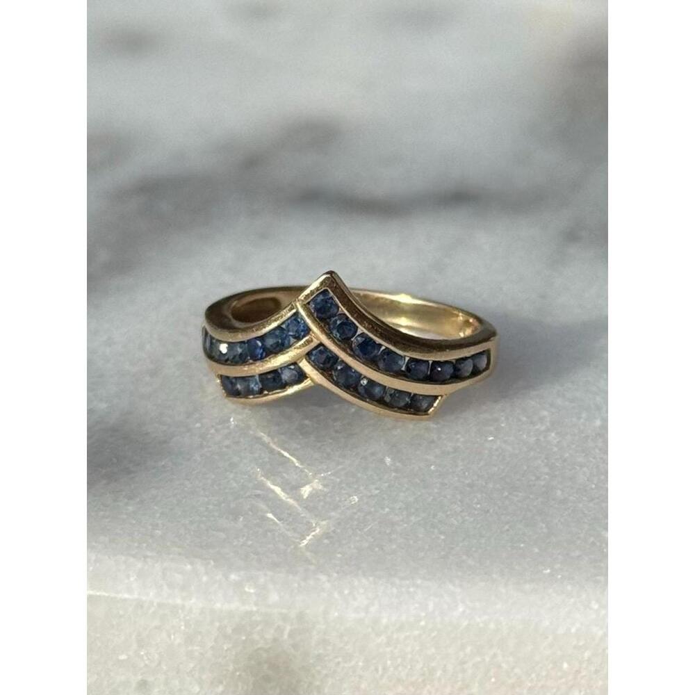 14kt Gold V Shape Band with Channel Set Blue Sapphire Ring